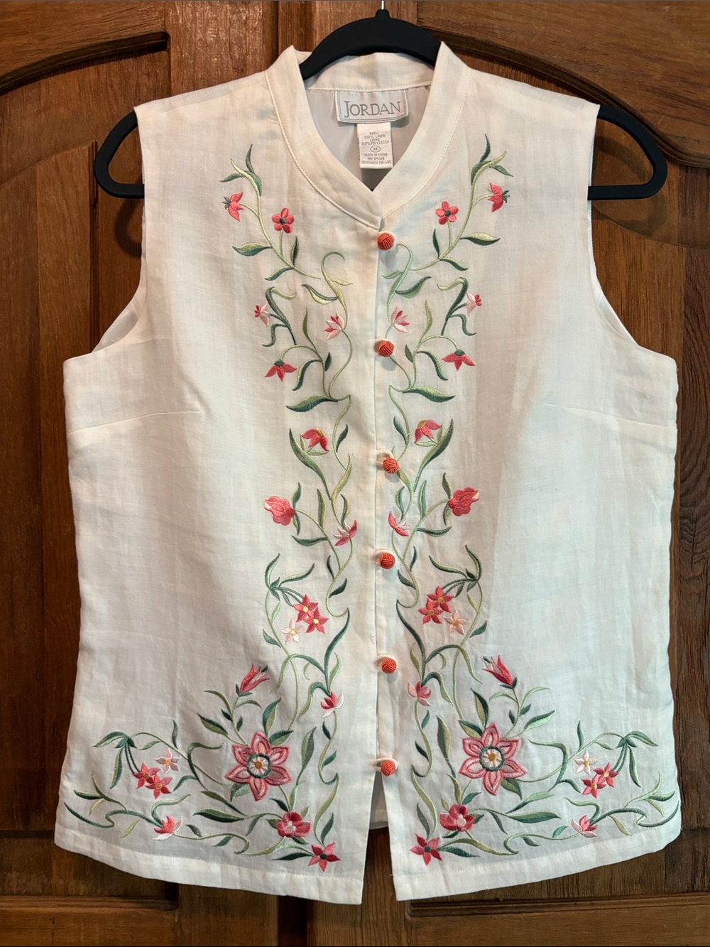 Jordan White Sleeveless Linen Top with Pink Floral Embroidery and Orange Buttons